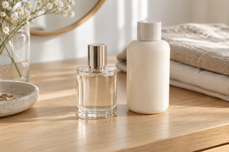 An unbranded perfume bottle beside a plain lotion bottle on a dressing table.