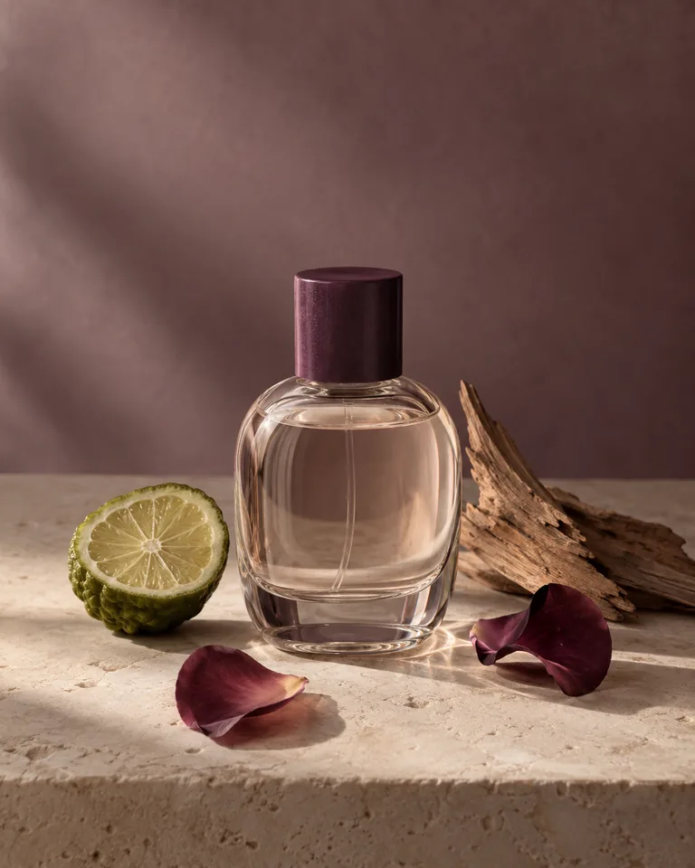 An unbranded perfume bottle with citrus, rose petals and wood in a softly lit still life.