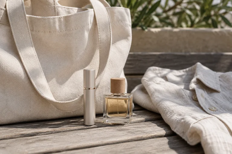 An unbranded perfume bottle and travel atomizer beside a canvas tote and linen shirt in shade.