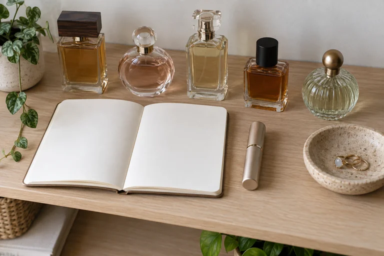 Unbranded perfume bottles, a travel atomizer, and an open blank notebook arranged on a shelf.