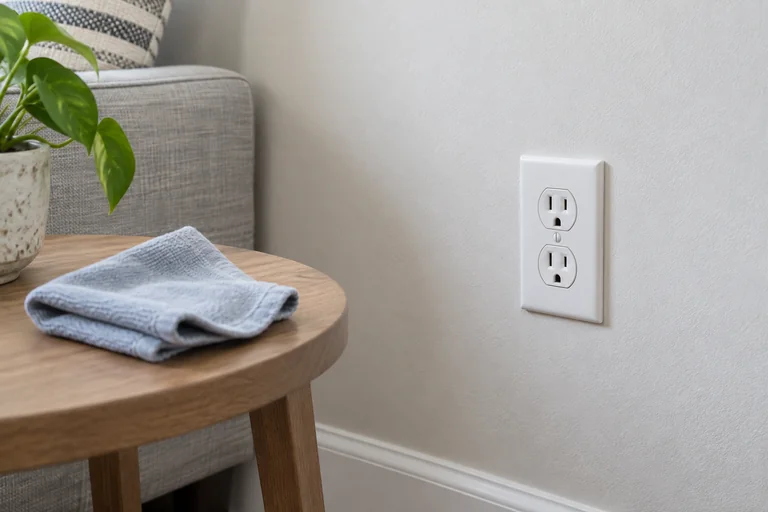 A clean unoccupied wall outlet beside a soft cloth on a small table.