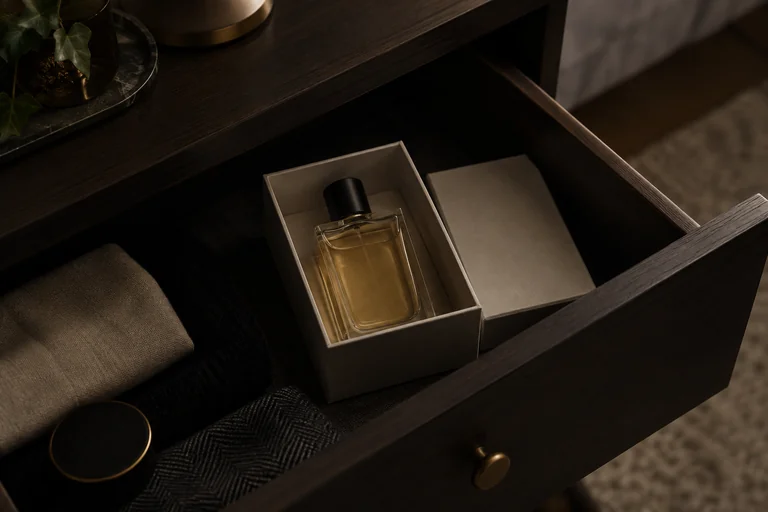 An unbranded perfume bottle stored upright in an opaque carton inside a dark drawer.